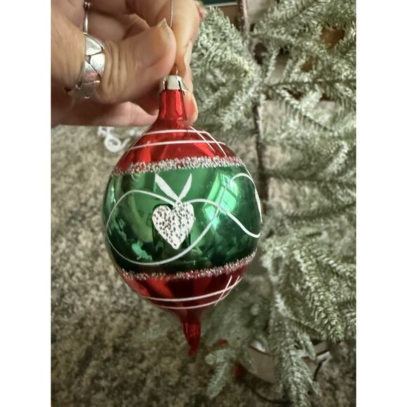 Poland Mercery Glass Christmas Ornament Heart Glitter Red & Green Teardrop - Picture 2 of 2